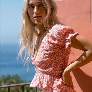 Billabong hot pink white floral blouse sweet talker v neck puff sleeve top smock